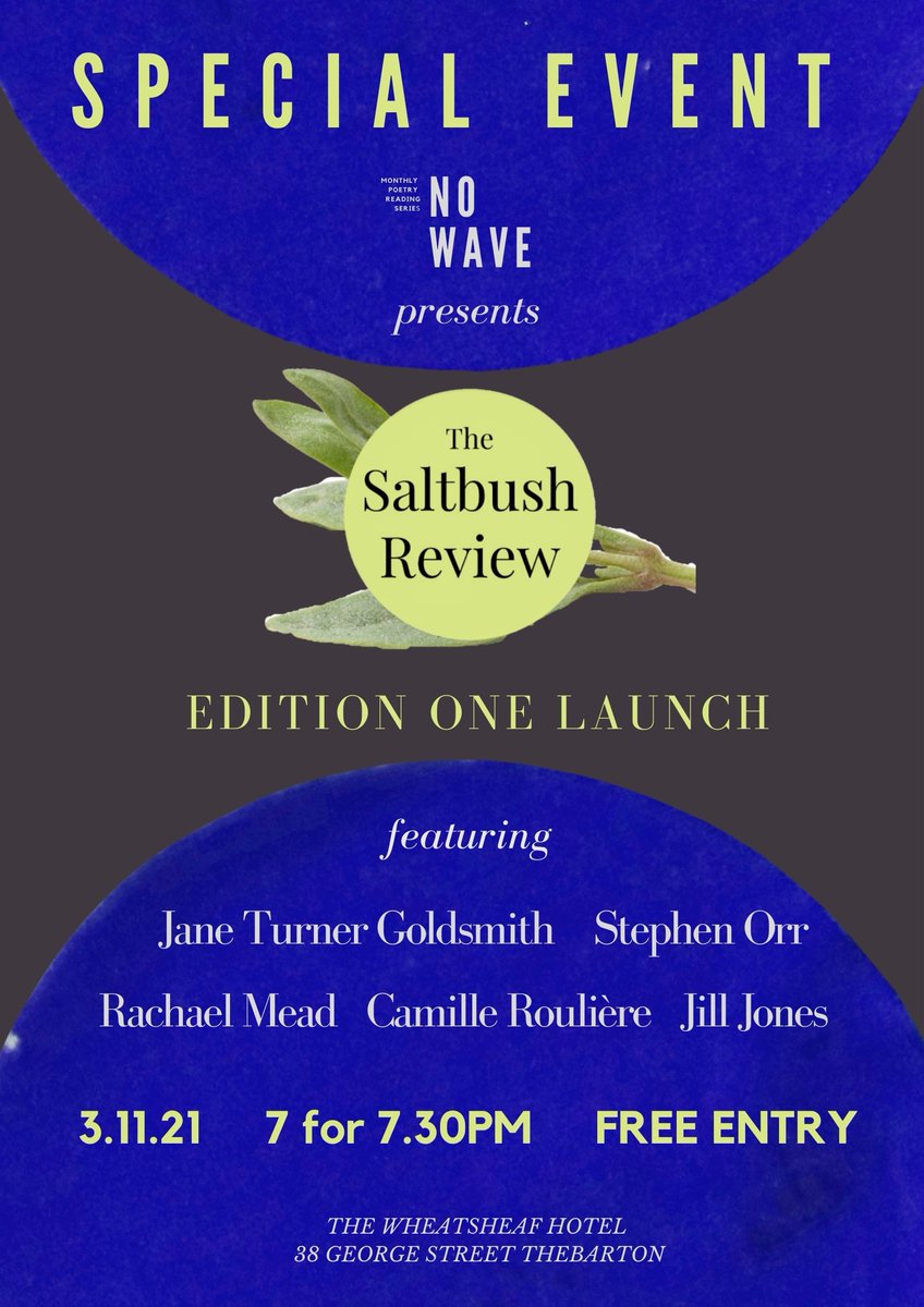 SaltbushReview's tweet photo. Presenting the official poster for our launch, hosted by our friends at No Wave. See you there @TheWheaty on the 3rd of November!

#literaryjournal #launch #adelaide #literature #adelaidearts #australian #poetry #fiction #creativenonfiction https://t.co/X2vUWaU0Zx