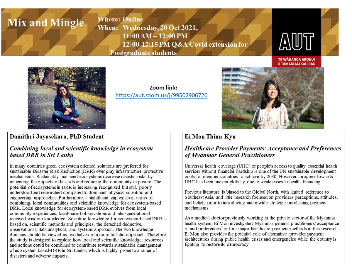 autsphids's tweet photo. 🔥We would like to invite you to the monthly PG Mix and Mingle 🔥
Two of our PG students would like to share their research topic and their PG research journey. See you tomorrow.

📅 Wed 20 October 2021
⏰ 11 AM-12:15 PM
📍 ZOOM https://t.co/VuQhTjK0fA
#AUTUNI #AUTSPHIDS https://t.co/vp3mpSxJbf