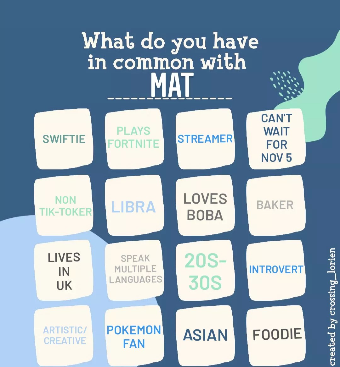 mattconnect's tweet photo. This might be fun 🙊 - cross /stamp out as many as you can and let's see how much we have in common!

Wonder if there'll be anyone who manages to check them all!! 🥺 

Blank in the replies. https://t.co/9Q1c6UilNx