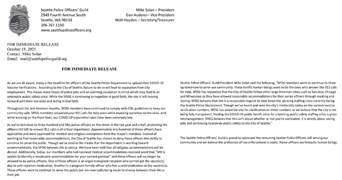 SPOG1952's tweet image. FOR IMMEDIATE RELEASE: SPOG Reaction to the City of Seattle&apos;s Vaccine Mandate