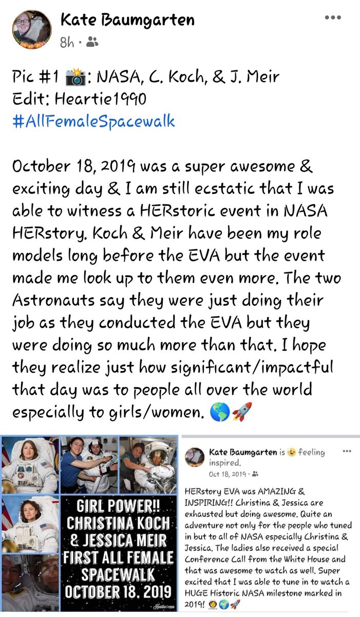 Heartie1990's tweet photo. My Facebook Post this morning about October 18, 2019. 🌎🚀 #AllFemaleSpacewalk #NASA @Astro_Christina @Astro_Jessica @NASA @NASA_Johnson @NASA_Astronauts @Astro_Stephanie @AstroAnnimal @WomenNASA #NASAHERstory https://t.co/6oCaH7lZnI