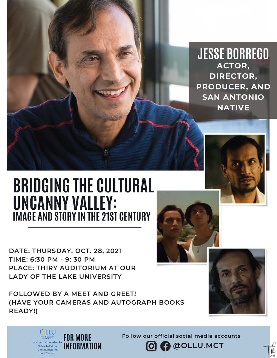 ckleon77's tweet photo. The OLLU Salazar-Escobedo School of Mass Communication and Theater presents: An Evening with Jesse Borrego, Bridging the Cultural Uncanny Valley: Image and Story in the 21st Century
Join us in person or online! https://t.co/61ivirauAM