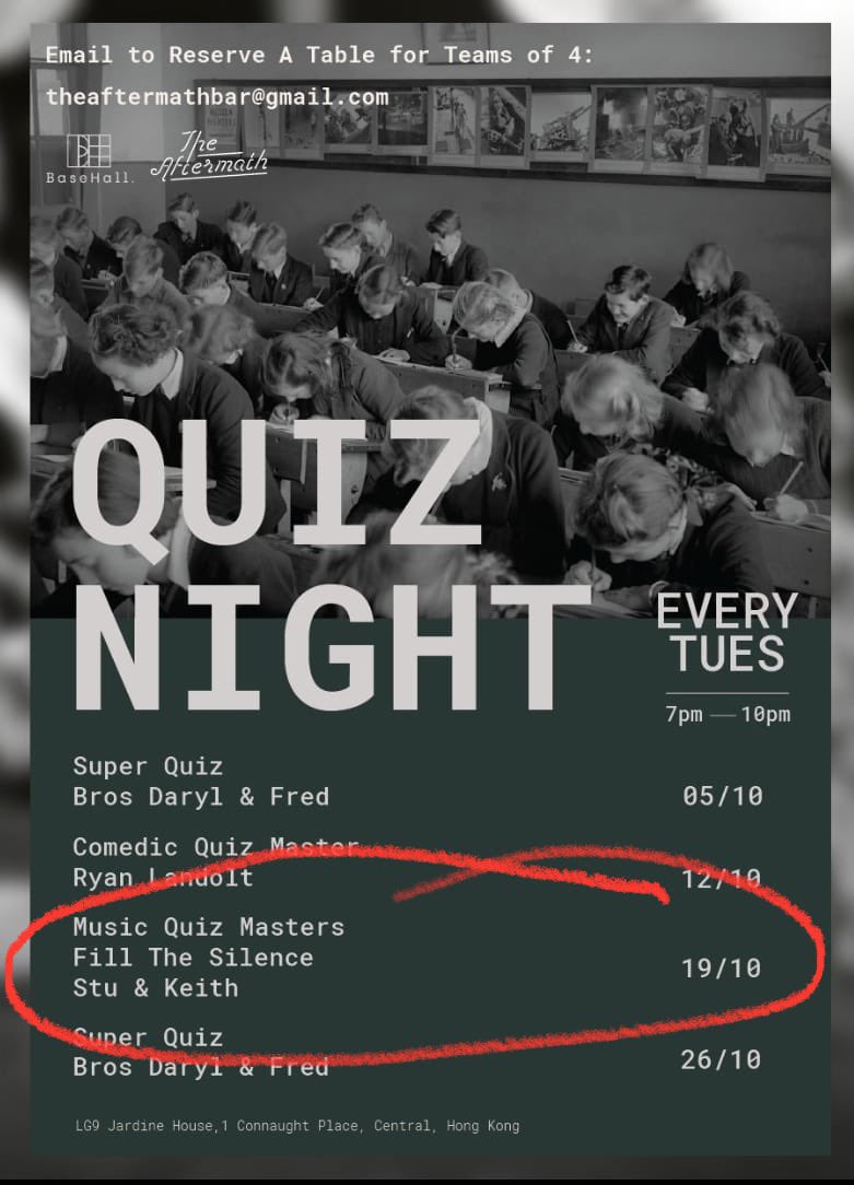 FillRadio's tweet image. Music Quiz. Tonight from 7pm at BaseHall. Basement of Jardine House, Central. Free entry. Prizes to be won.
#whatsonhongkong #hongkongmusic #hongkongnightlife #hongkongquiz #getyerarseoffthesofa #basehallhk #theaftermathhk
