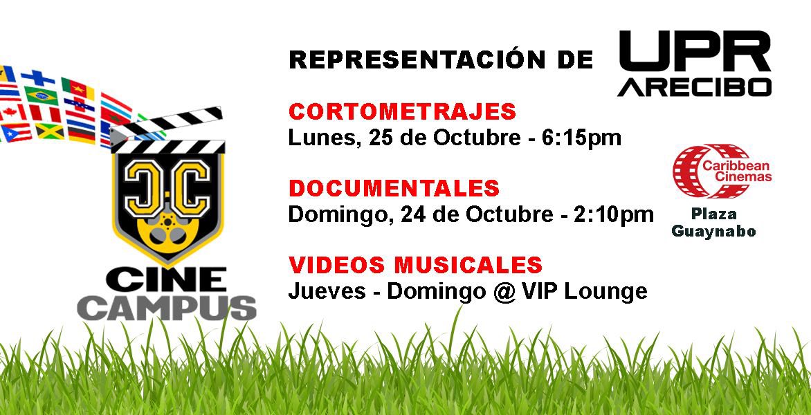 UPRA_WebRadio's tweet image. ¡Apoya a tus compañeros de #COMU #UPRA en @CineCampusPR! Compra tus boletos YA 🎬🎟

El domingo, 24 de octubre se presentará:
-LOCAL SHORT DOCU 2-
Arte 360
Miguel Zenón… En pocas palabras
Somos Arte
The Amusement Machine
Un día con Hector Irrizary