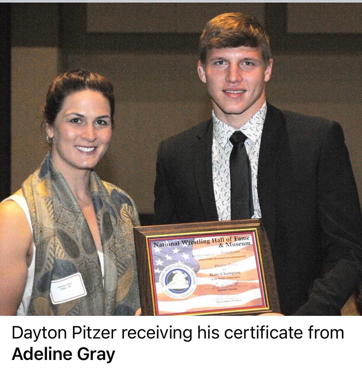 Congratulations All-American Club Member Dayton Pitzer, for receiving the Wade Schalles, PA Pinner Award from six-time world champion and a two-time Olympian, Adeline Gray!  🇺🇸 @Dayton13874376 <a href="/AdelineGray/">Adeline Gray OLY</a>