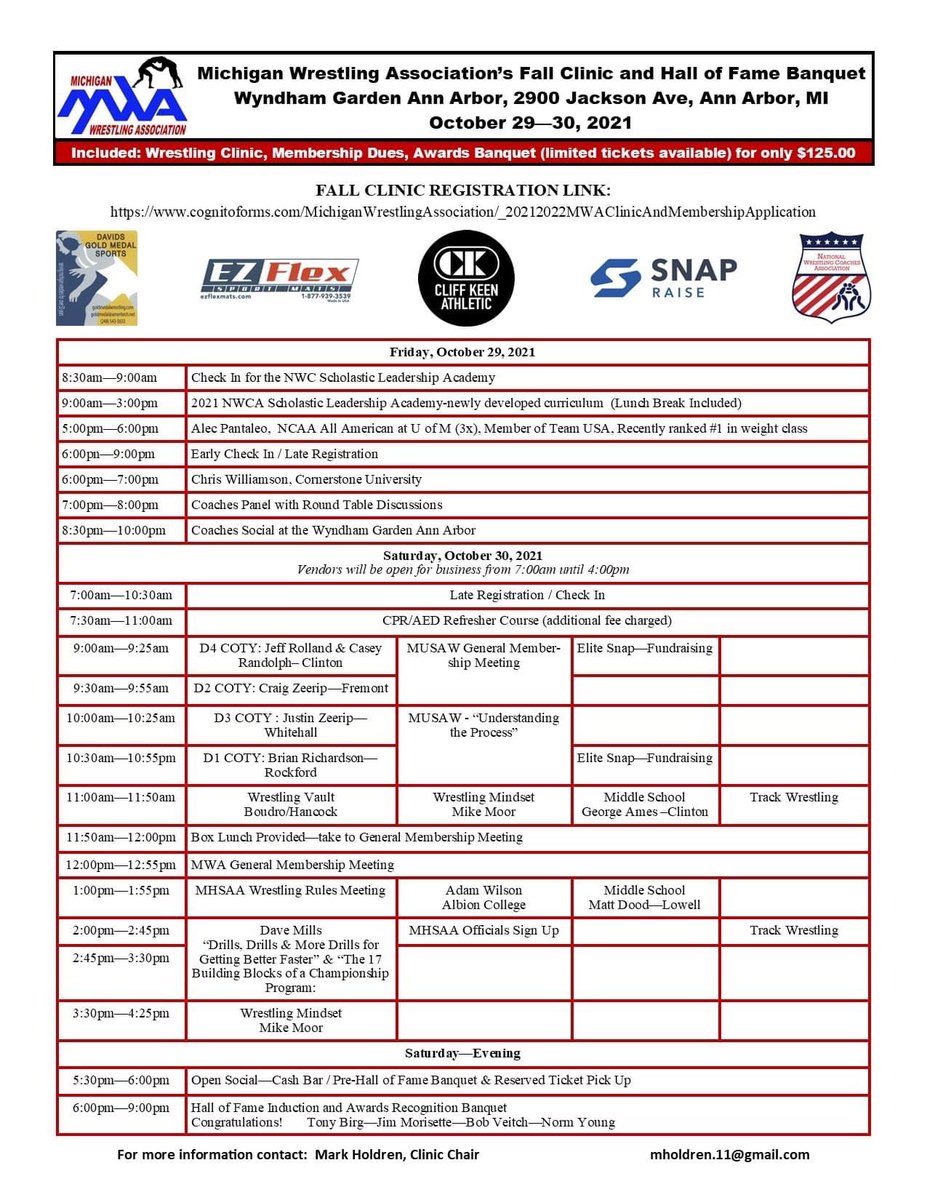 🗓 The Michigan Wrestling Association's Fall Clinic and Hall of Fame and Awards Recognition Banquet is October 29-30. 

🤼 Click on the link to get registered: cognitoforms.com/MichiganWrestl…

📧 For more information contact Mark Holdren, Clinic Chair, at: mholdren.11@gmail.com