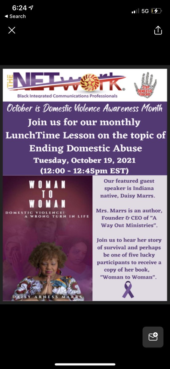 NETworkLA_BICP's tweet photo. Tomorrow morning LunchTime Lesson with The NETwork Indiana Chapter with features guest speaker Daisy Marrs, author and founder @awayout_ministries_inc  Message your local Chapter for details 

#October2021 #DomesticViolenceAwarenessMonth https://t.co/JbpwjSg08v