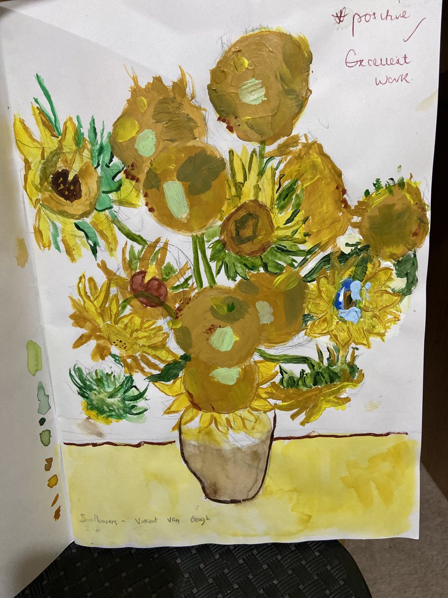 sophieahmedx's tweet photo. Vincent Van Gogh, Sunflowers 🌻
Great work by my year 8 student. Good techniques used and good observational skills.
#sunflowers #vvg #art #riag #vincentvangogh #impressionism #teachingart #brushstrokes #impressionist #painting #abstract https://t.co/LlgNO2Emwm