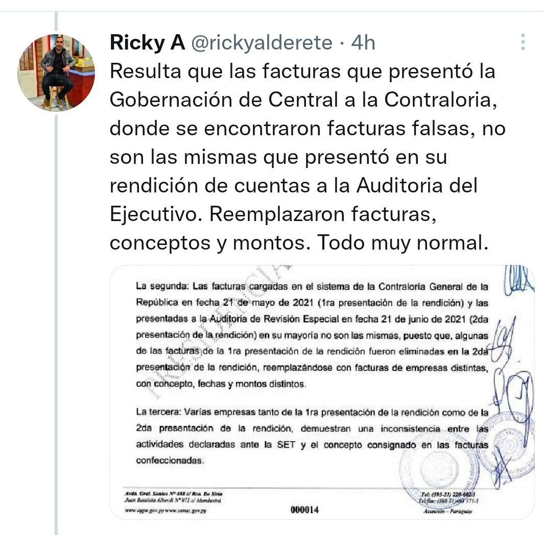 IMPUNE: atentos a las maniobras <a href="/gobercentral/">Gobernación Departamento Central</a> <a href="/contraloriapy/">Contraloría General de la República🇵🇾</a>

<a href="/ABCCardinal/">ABC Cardinal 730 AM</a> <a href="/USAmbPY/">Embajador de los Estados Unidos en Paraguay</a> <a href="/AM_1080/">Monumental AM 1080</a> <a href="/jfergo86/">Fergo🌎</a> <a href="/HugoPortilloPY/">Hugo Portillo</a> <a href="/nestornunezpy/">Néstor Núñez</a> <a href="/juru_guasu/">juru_guasu ⚒️⚒️</a> <a href="/nanduti/">Ñanduti</a> @MariaERoa0 <a href="/780AM/">Radio 780 AM</a> <a href="/chiqui_avalos/">Chiqui Avalos 🇵🇾</a> <a href="/GuachireM/">Alfredo Guachiré</a> <a href="/hduarte1966/">HUGO DUARTE</a> <a href="/laembajada/">Embajada de EE.UU.</a> <a href="/GuachireM/">Alfredo Guachiré</a> <a href="/MinPublicoPy/">Fiscalía Paraguay</a>

x.com/rickyalderete/…