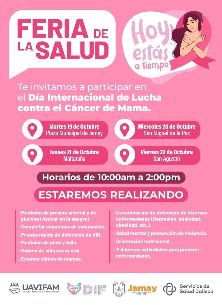 GobJamay's tweet photo. El Cáncer de Mama es la principal causa de muerte en las mujeres mexicanas; la prevención y la detección oportuna son la única forma de evitar que más mujeres sigan muriendo.

Participa en la próxima Feria de la Salud, revisa la imagen para más información y participa. https://t.co/S8jMJOVHQY