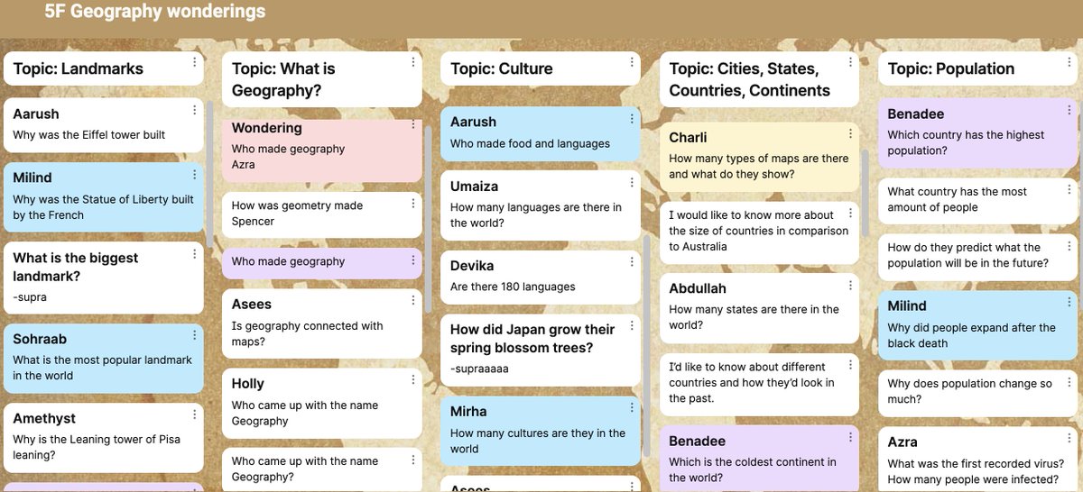Miss_SuggACPS's tweet photo. Today 5F came together on WebEx to share and sort our wonderings for Geography using Padlet. We showed great Team Work by collaborating to find the link between these wonderings and then categorise them. @AitkenCreekPS https://t.co/86WvHjGXWW