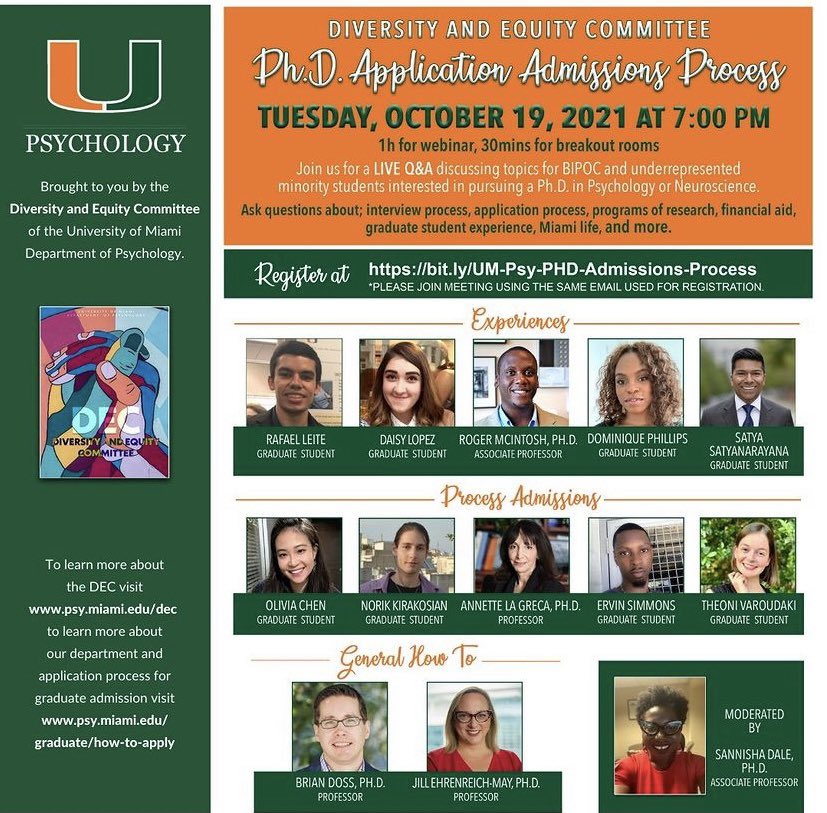CodyLBoland's tweet photo. Please share with those who are applying to psych &amp; neuroscience PhD programs! The #universityofmiami #psychology DEC committee is hosting a discussion on topics for BIPOC and underrepresented minority applicants 10/19. 🤓🧠 🌈@AcademicChatter #AcademicTwitter @apagradstudents https://t.co/ILw6vdCn2h