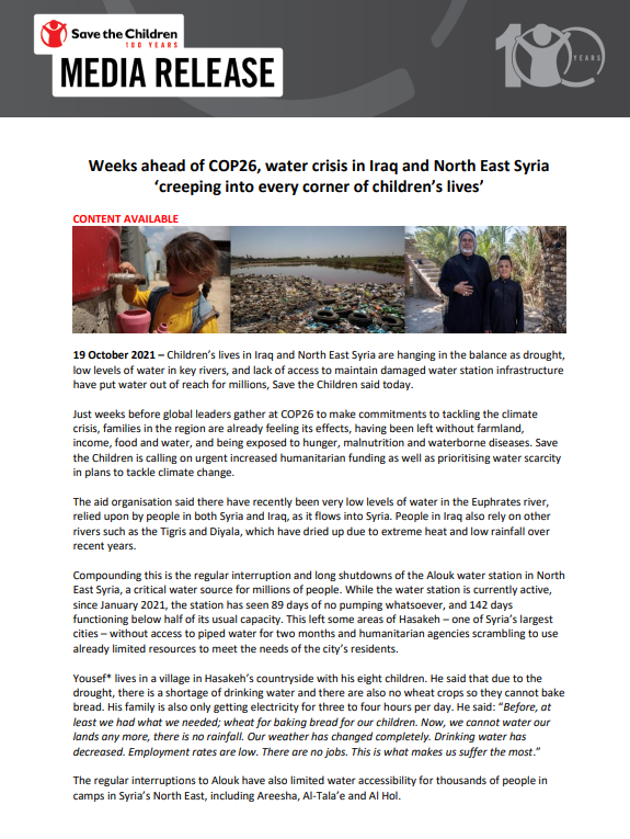 SaveAusNews's tweet photo. MEDIA RELEASE: Just weeks before global leaders gather at #COP26 , families in #Iraq and South East #Syria are already feeling the dire effects of the #ClimateCrisis. https://t.co/1Z4PNL8aVu