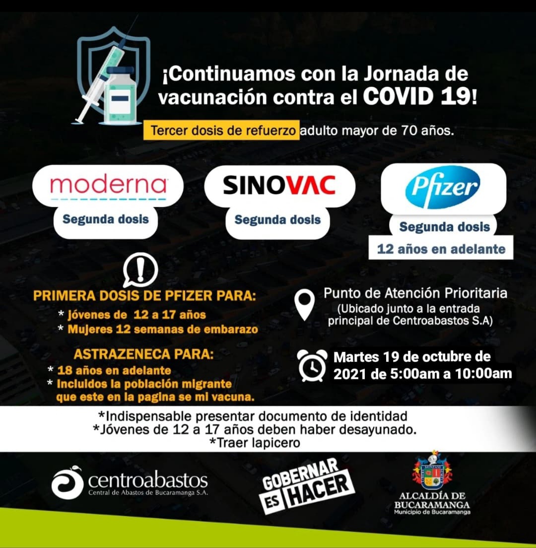 centroabastos's tweet photo. ¡Mañana martes 19 de octubre seguiremos vacunando contra COVID-19! De 5:00 a.m. a 10:00 a.m. Recuerden que el punto de vacunación está ubicado en la entrada principal de nuestras instalaciones. https://t.co/FjbiBrfFkU