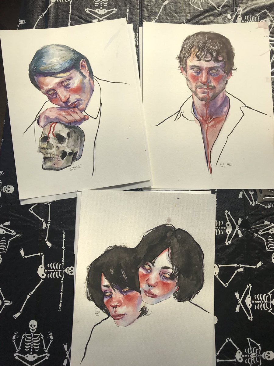 MY HANNIBAL AND WILL COMMISSIONS + MY PORTRAIT FROM MY LOVELY BFF CHRIS CAME TODAY ♥️ they are so gorgeous its unreal idont think im ever gonna be over this. please support <a href="/chrisfaeart/">chris fae</a> / undoallthepain on instagram! (ignore the halloween table cloth ihad no plain background)