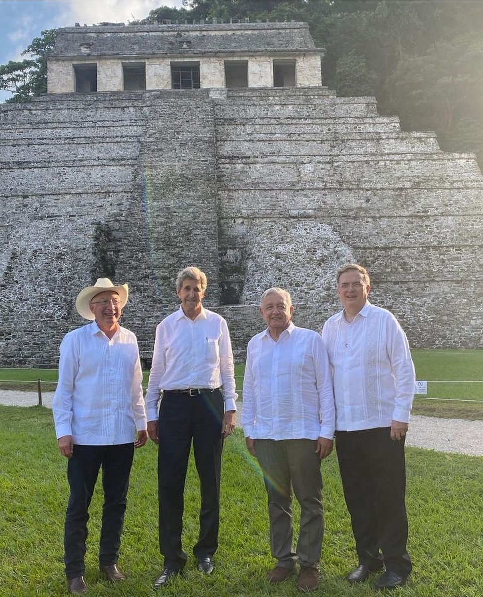 m_ebrard's tweet photo. Concluye exitosa visita de John Kerry, enviado especial del Presidente Biden para la acción climática. Aqui durante el recorrido por Palenque con la conducción personal del Presidente López Obrador y la valiosa presencia de Ken Salazar. https://t.co/rcrzVfUNuj