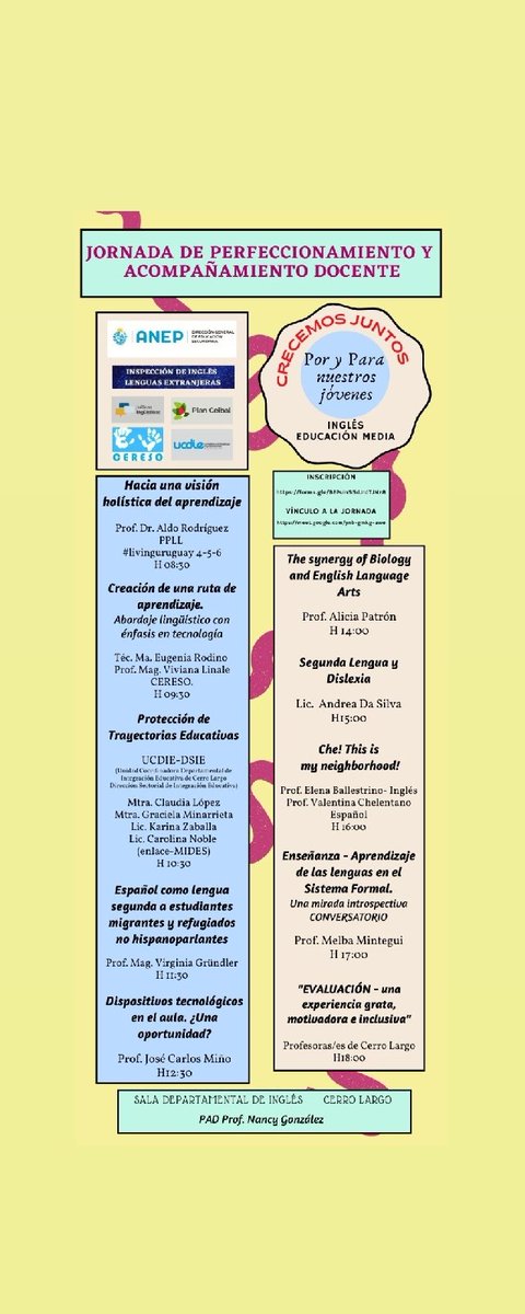 🆕️Imperdible! Están todos invitados a esta gran jornada organizada por la Prof. y PAD Nancy Gonzalez y la Sala Dptal. de Inglés de Cerro Largo . 
📌Recuerden registrarse en el link que se adjunta para asegurar cupo en las sesiones eligidas🙌

forms.gle/BEPsin55dJrdTJ…