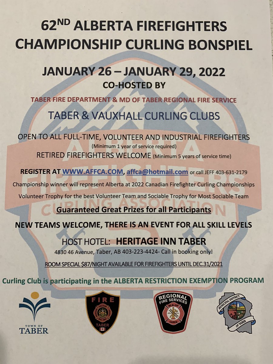 AFFCA1's tweet photo. It’s official. The 2022 Alberta Firefighter Curling Bonspiel is a go in Taber,AB. Check it out. https://t.co/8hW0IAcvKl