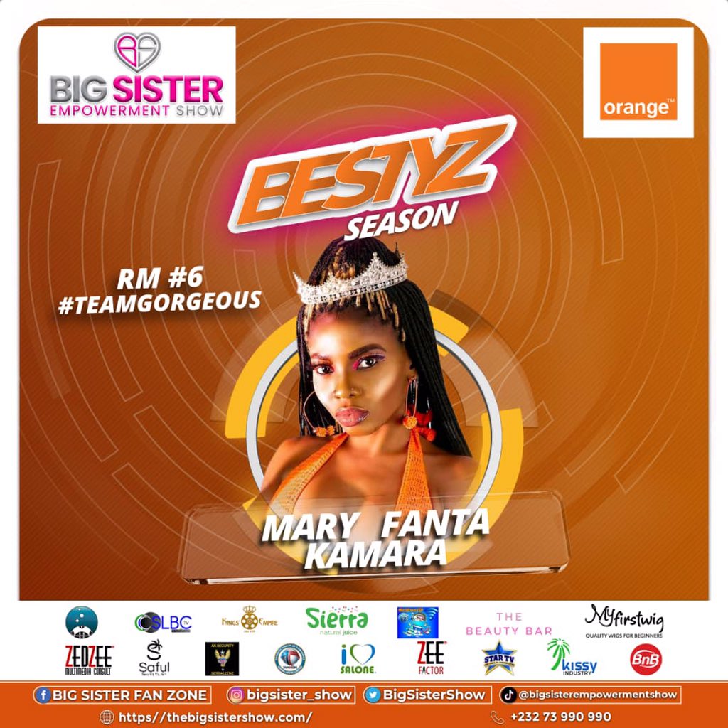 Bigsister_show's tweet photo. BSS3
ROOMMATE #6
#BESTYZSEASON.
____________________

My name is Mary Fanta Kamara commonly known as wizzy f baby(TEAMGORGEOUS)
Born and raised in the Eastend Capital of Freetown Sierra Leone.
I am 26 years old . https://t.co/8K4qzALzxo