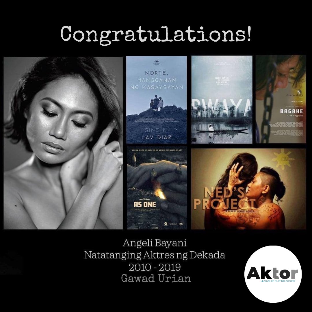 Congratulations to our very own, Angeli Bayani!
Hinirang na Natatanging Aktres ng Dekada 2010-2019 ng Gawad Urian. 
We are proud of you! 🏆