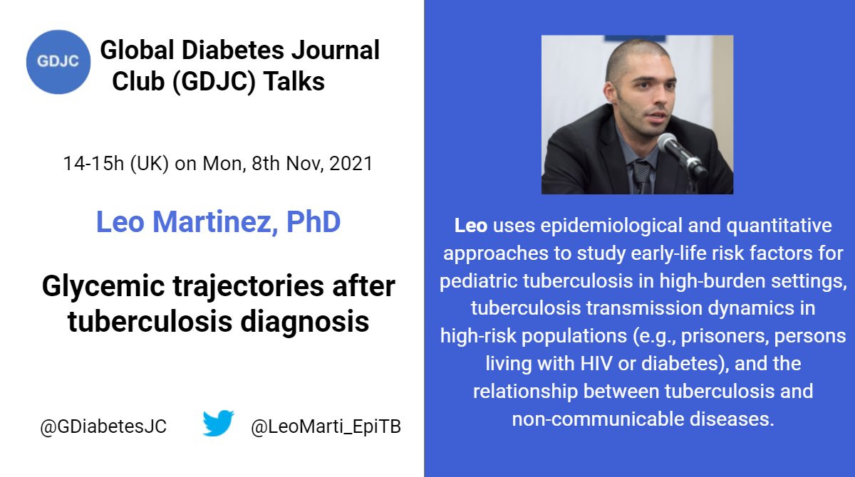 GDiabetesJC's tweet photo. We are happy to announce that @LeoMarti_EpiTB will talk about glycemic trajectories after #tuberculosis  diagnosis in the November #GDJC.

Come and learn more about the link between TB and #diabetes

Registration here: https://t.co/18LgCstOKH

More here: https://t.co/PAlIfpEEJu https://t.co/7RVXCZ55FY
