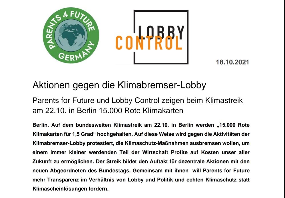 🆕 Pressemitteilung #ParentsForFuture 🟥🟥🟥

Aktionen gegen die Klimabremser-Lobby

Parents for Future und <a href="/lobbycontrol/">LobbyControl - (wir haben X verlassen)</a> zeigen beim #Klimastreik 
am 22.10. in Berlin 15.000 Rote Klimakarten

Thread 🧵#RoteKlimakarte #IhrLasstUnsKeineWahl
1/