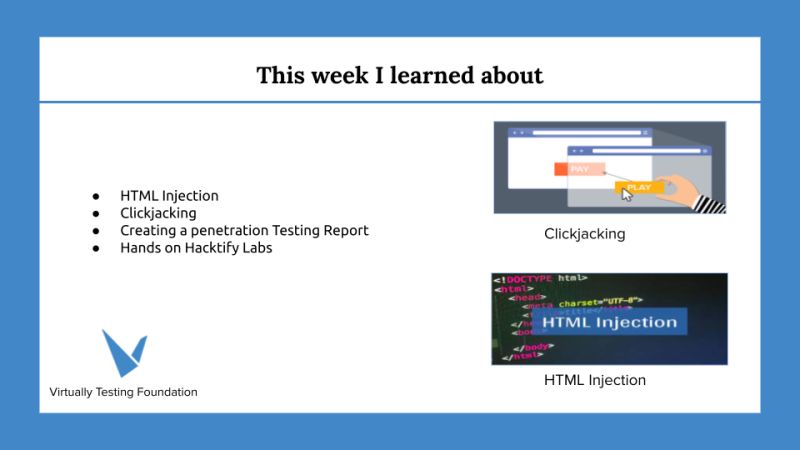 anudeep_99's tweet photo. I am excited to be a Penetration Testing Intern at Virtually Testing Foundation. This week, I learned about HTML Injection, Clickjacking and creating a Penetration Testing Report.
#VTfoundation #VTFOct21 #internships https://t.co/qRFUV9I7nu