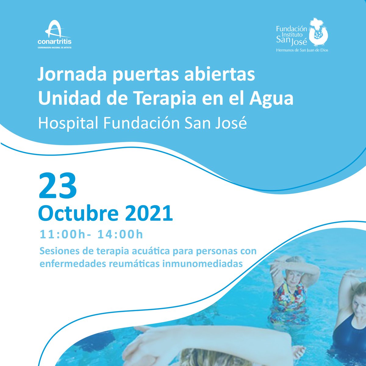 ConArtritisMAD's tweet photo. La terapia en agua caliente ayuda mucho a las personas con #artritis. Tienes la oportunidad de probar sus beneficios de forma gratuita ya que la @FISJ_Madrid
nos abre sus instalaciones este sábado 23 de octubre con una sesión de Aichi.
Apúntate https://t.co/67mqP64TFr https://t.co/sCviQ2jmpl