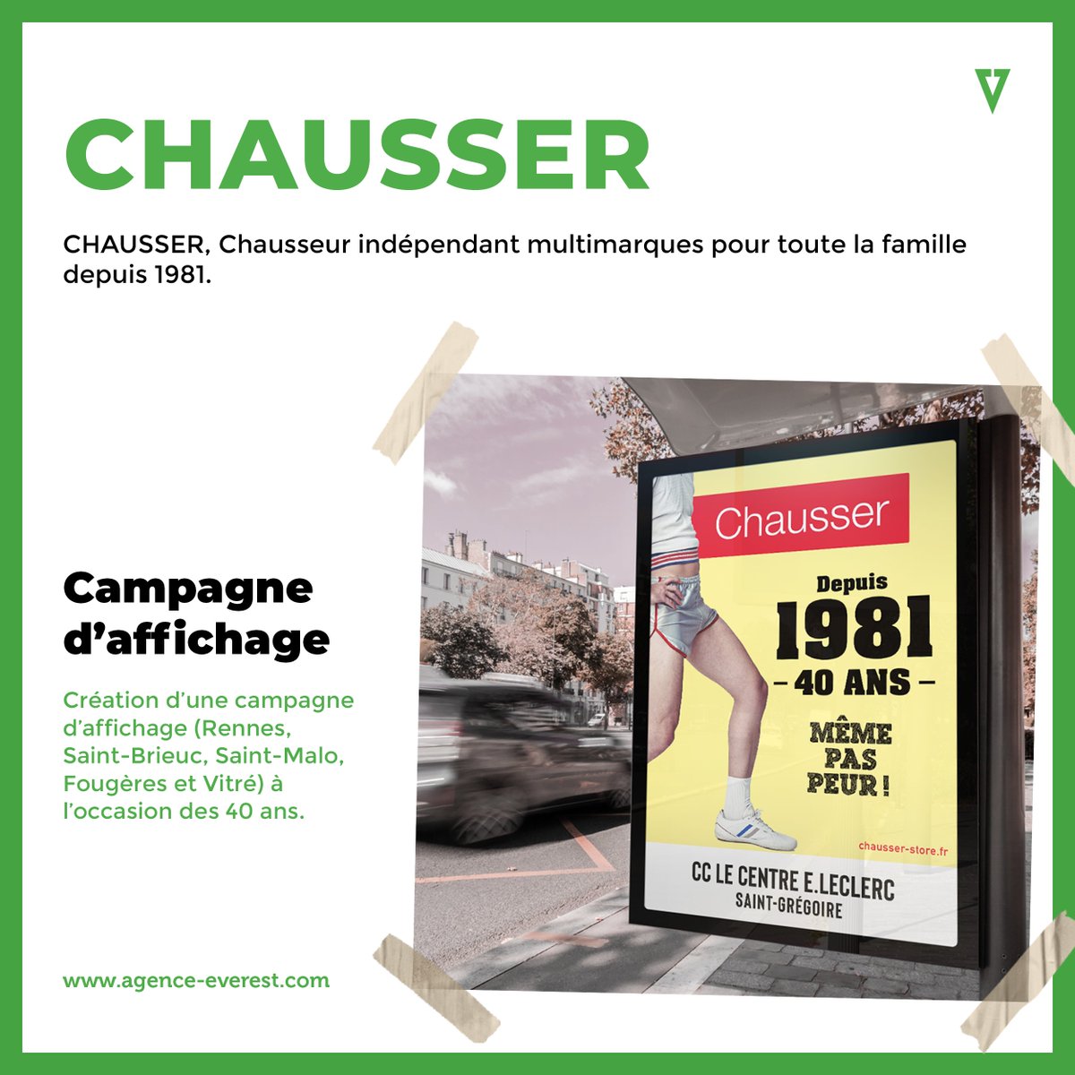 [PORTFOLIO]
Un chausseur sachant Chausser doit savoir chausser sans affiche ... Mais une CAMPAGNE ABRIS BUS, aide beaucoup quand même. 
Merci à Bessec pour sa confiance. 

#fiersdenosclients #agenceEverest