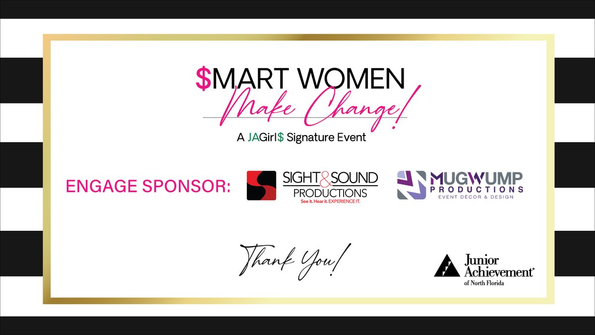 JANorthFlorida's tweet photo. Thank you, @sightsoundav and @MugwumpProd, for your Engage Level Sponsorship of Smart Women Make Change 👏 🌟We appreciate your support!

Smart Women Make Change event to benefit JA GIRL$ | October 19, 2021 https://t.co/CknVVO89q5
