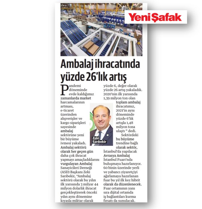 ambalajsanayi's tweet image. “Ambalaj Sektörünün Büyük Buluşması ‘İstanbul’da” başlıklı basın bültenimiz ve yansımaları.
ASD ve Reed TÜYAP işbirliği ile düzenlenen 26. Avrasya Ambalaj İstanbul Fuarı, bu yıl 20-23 Ekim tarihlerinde kapılarını açacak; bit.ly/3n5TYi3 
#packaging #ambalaj #packagingfair