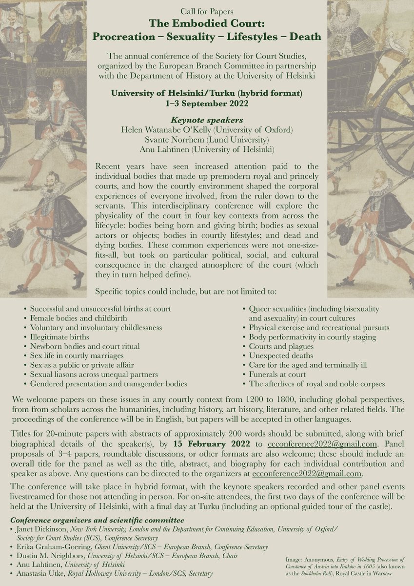 Check out new CFP for <a href="/CourtStudies/">CourtStudies</a> conference on 'The Embodied Court'; 1-3 Sep 2022 at <a href="/helsinkiuni/">University of Helsinki</a>. Keynotes: Helen Watanabe-O’Kelly, Svante Norrhem, &amp; <a href="/anulah/">Adin Nulah</a>. More at embodiedcourtconference.com. Deadline: 15 Feb 2022 <a href="/Hyhumtdk/">Humanistinen tiedekunta, Helsingin yliopisto</a> <a href="/Tudornobility/">Janet Dickinson</a> @jeanneologist <a href="/Anastasia_157/">Anastasia</a>