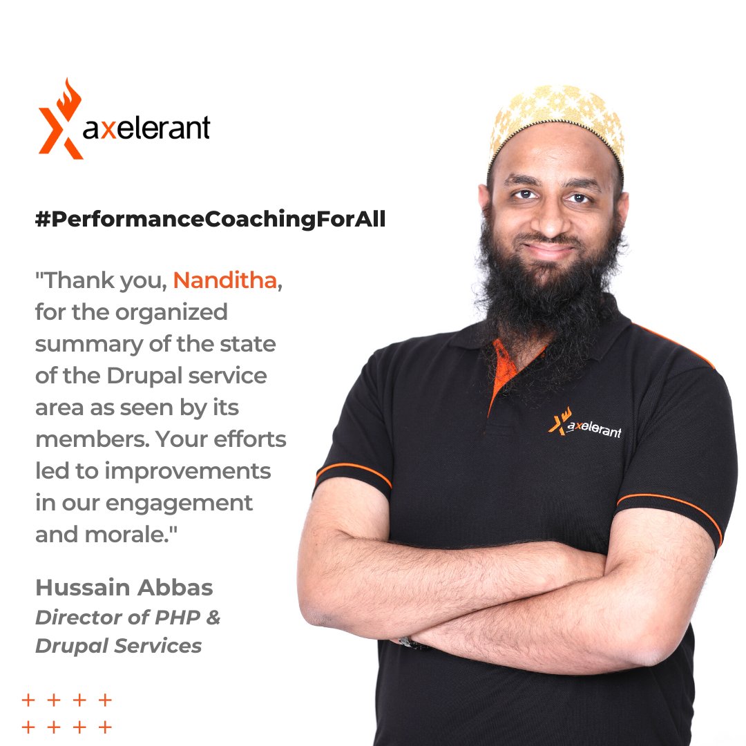 axelerant's tweet image. Working in a highly engaged team is extremely fulfilling. 🤗

And with insightful feedback from our #PerformanceCoach Nanditha, our leaders such as @hussainweb feel confident in building exactly that. 😁

#PerformanceCoachingForAll #AgencyCulture