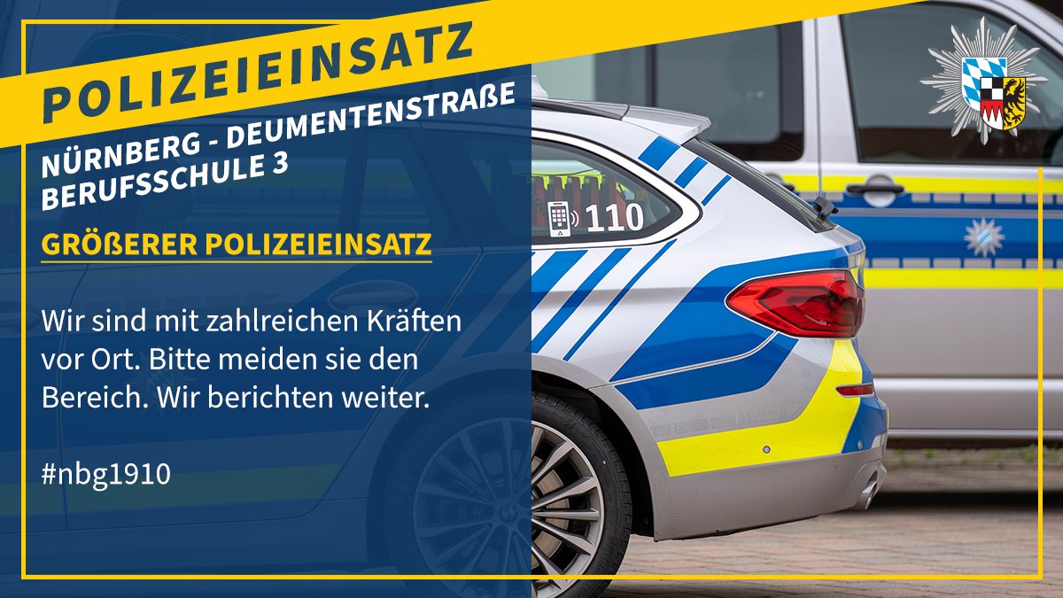 PolizeiMFR's tweet photo. #Polizei #Einsatz in #Nürnberg #Demenstenstraße #Berufsschule 3. Wir sind mit zahlreichen Kräften vor Ort. Bitte meiden Sie den Bereich. Wir berichten weiter.

#nbg1910 https://t.co/zI296MjiR0