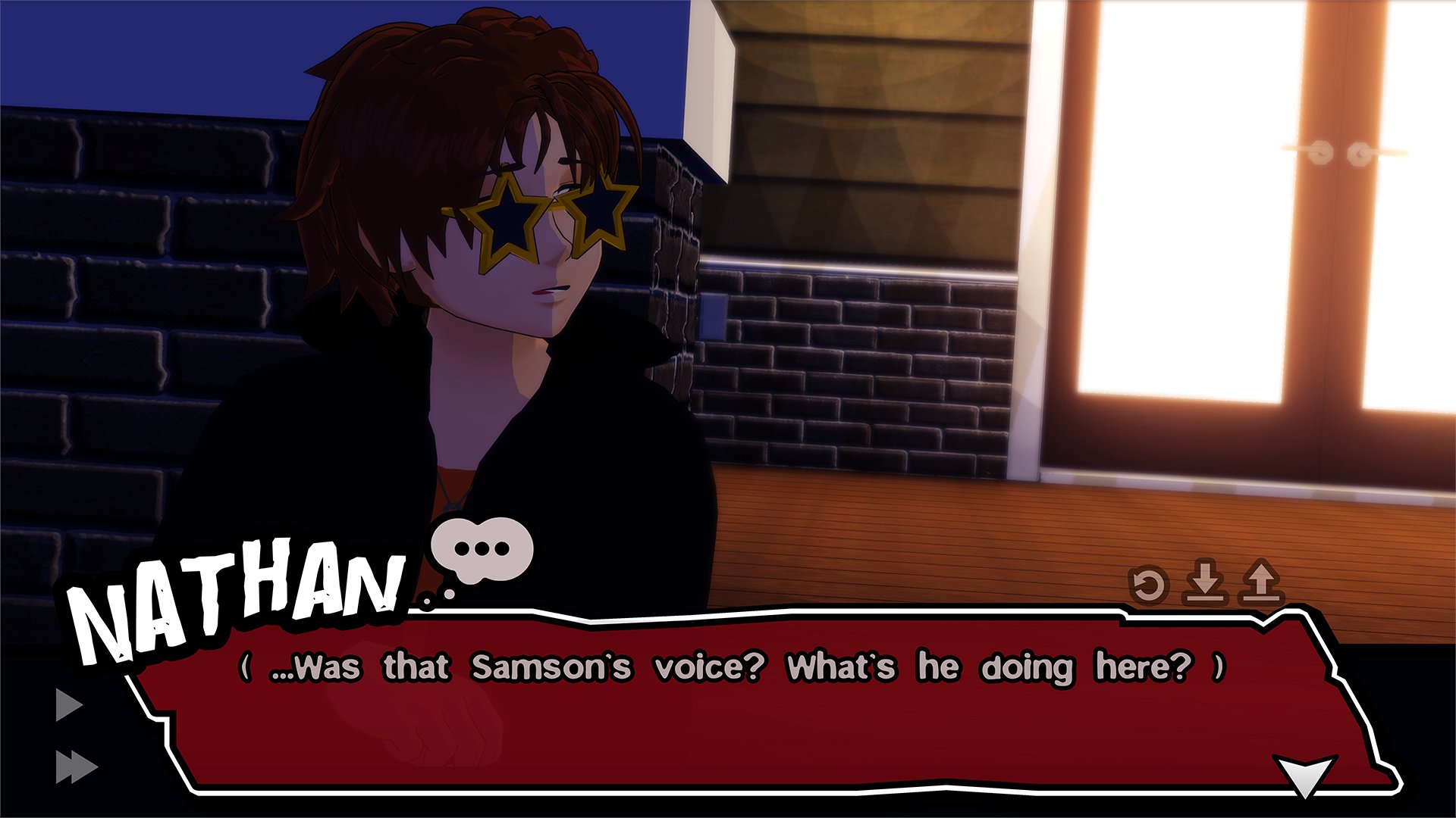 Nathan is sitting on a porch looking over his shoulder at the building behind him.
He's thinking: Was that Samson's voice? What's he doing here?