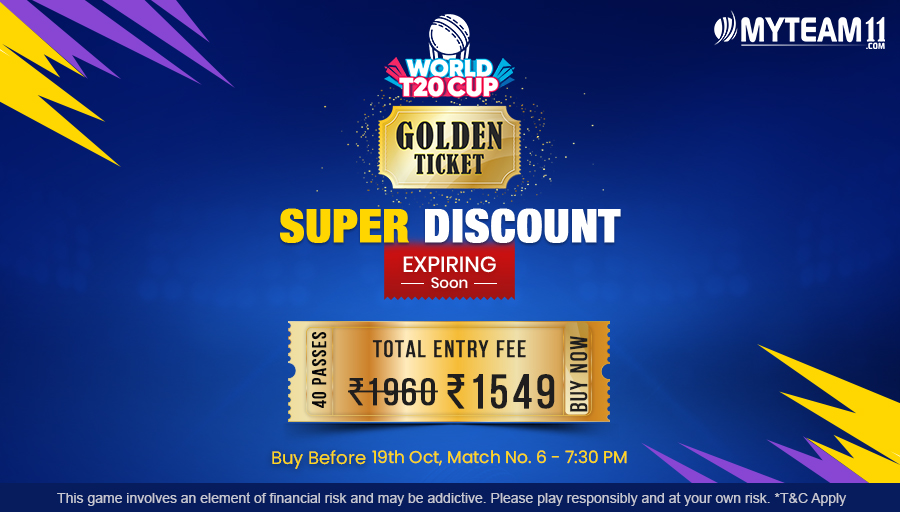 MyTeam_11's tweet photo. #ExpiringSoon
Last chance to buy your 40 Golden Ticket passes bundle & get super discount on Entry Fee.
Hurry Up! Buy Now
#WorldT20Cup #T20League #Discounts #GoldenTickets #MegaDiscount #Cricket #abpooraIndiaKhelega #MyTeam11 https://t.co/YoRpiGXGDA