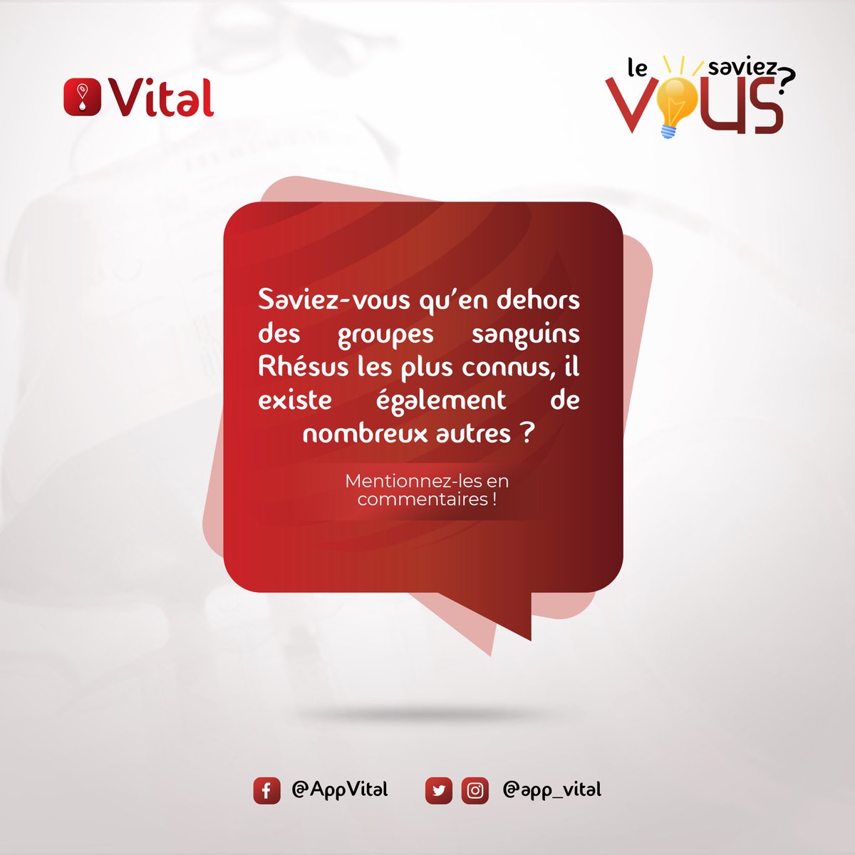 app_vital's tweet photo. Hello! 
Le saviez vous?
Saviez vous qu’en dehors des groupes sanguins Rhésus les plus connus (A, B, AB et O) il existe également de nombreux autres?
Si vous les connaissez, mentionnez les en commentaires ! https://t.co/JdabpEeKP7