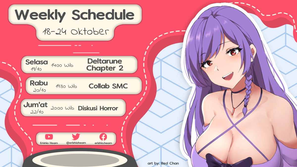 ErishiaHearn's tweet photo. Art credits: @RedChan0911(lineart) &amp; @selfregret666(coloring), Robbin (Schedule)

Jadwal minggu ini~
( 18-24 Oktober )

💜Hashtags💜
Fan Name: #Faerish
Fanart: #ErishiArt
Stream/clips: #Eristream/ #Ericlips
Meme: #Meemeri https://t.co/K9dAjGykks