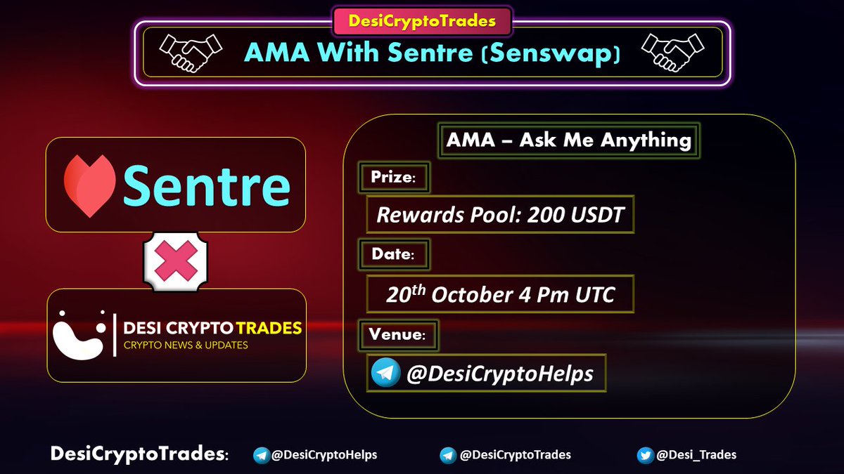 LamboChads's tweet photo. Announcing 📢 AMA with #Sentre Open Protocol, Zero Impermanent Loss, & Liquidity Efficiency
🀄️AMA🕑: Wed, 20th OCT 4 PM UTC
🀄️AMA: https://t.co/bYnQdW6E8U
Rules:
🚀Drop Questions in Comment
🚀Follow @Desi_Trades & @SentreProtocol
🚀Like RT & Tag 3 Friends
#AMA #SenSwap #DCT https://t.co/HIGOQa7iC8
