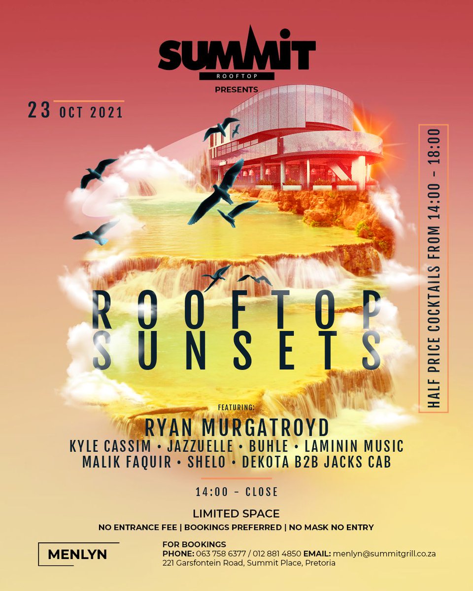 DJ_Buhle's tweet photo. And I'm back at one of my fav place #DayTimeVibes #RoofTopSunsets
π@SummitMENLYN
π : 23 October 2021
π΅ : @RyanMurgatroyd / @Jazzuelle / @kylecassim / @malikfaquir_ / @Shelo / #JacksCab & #Dekota. https://t.co/e1cWvrKX0s