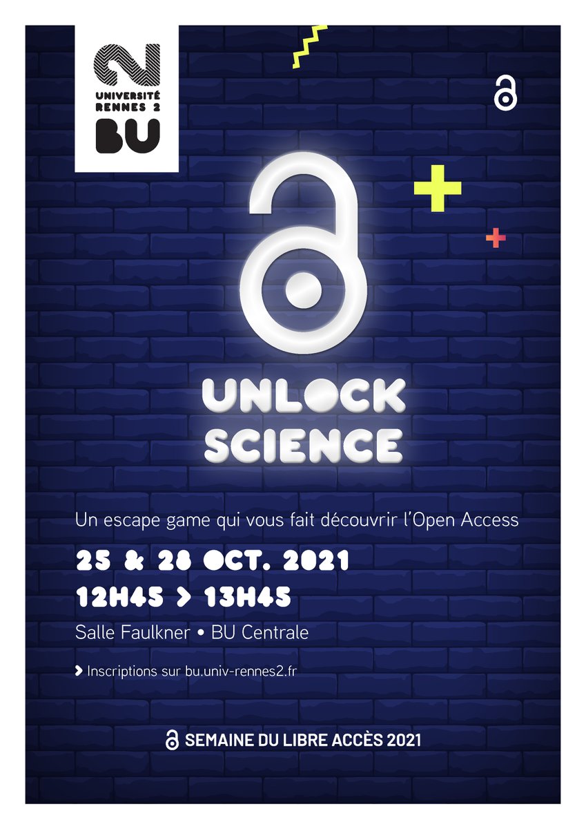 BURennes2's tweet photo. Du 25 au 31 oct. c’est l’#OAWeek2021. Venez découvrir les enjeux de la #scienceouverte à la BU Centrale avec l’escape game “Unlock Science” de @Formadoct_UBL et une présentation thématique dans l’espace recherche 🔐 https://t.co/q9bkF9YGd7 https://t.co/VNJpK1lHF8