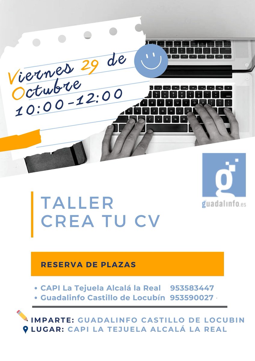 🤓🤓🤓 TALLER PRÁCTICO ⚠⚠⚠
📆 29 de octubre de 2021
⏰ 10:00-12:00
☎ 953583447
👩‍🏫 Alcalá la Real - C/ Grecia 11 Bajo
