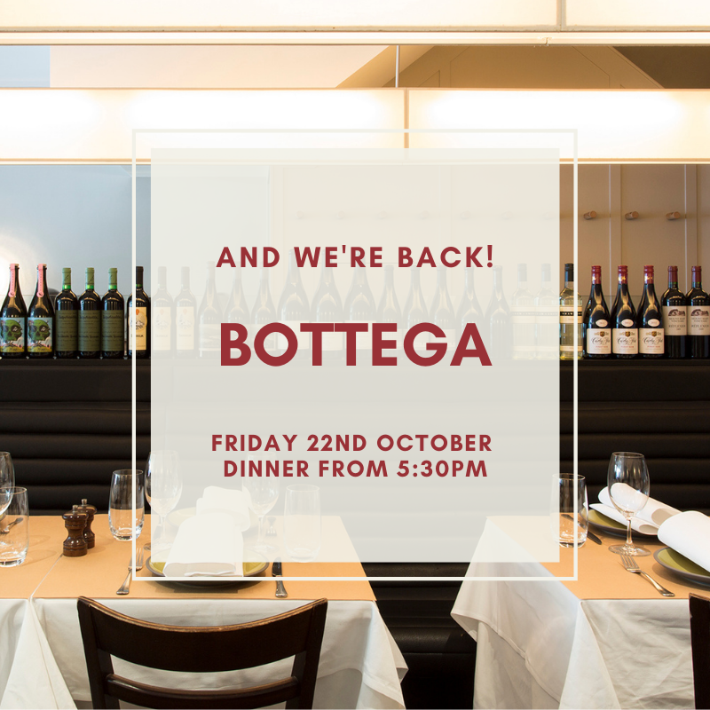 🍝 B O T T E G A  🍝
🏵️ Reopening Friday 22nd October from 5:30pm 🏵️
We're all SO excited to be coming back &amp; doing what we love!
Bookings are now LIVE on the website &amp; we can't wait to see those faces we've missed!
.
.
.
#bottega #CBDdining #melbourne #italian #weekendinthecity