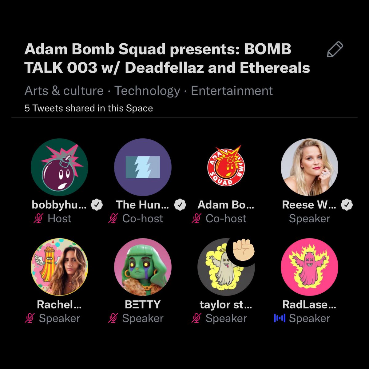 bobbyhundreds's tweet image. Shared an important conversation with these incredible women tonight. Although live, all episodes of @AdamBombSquad Bomb Talk are recorded and posted (Spotify, Apple etc) on the following Monday. @ReeseW @betty_nft @RachelWolchin @RadLaserFalcon @Nthestarrs