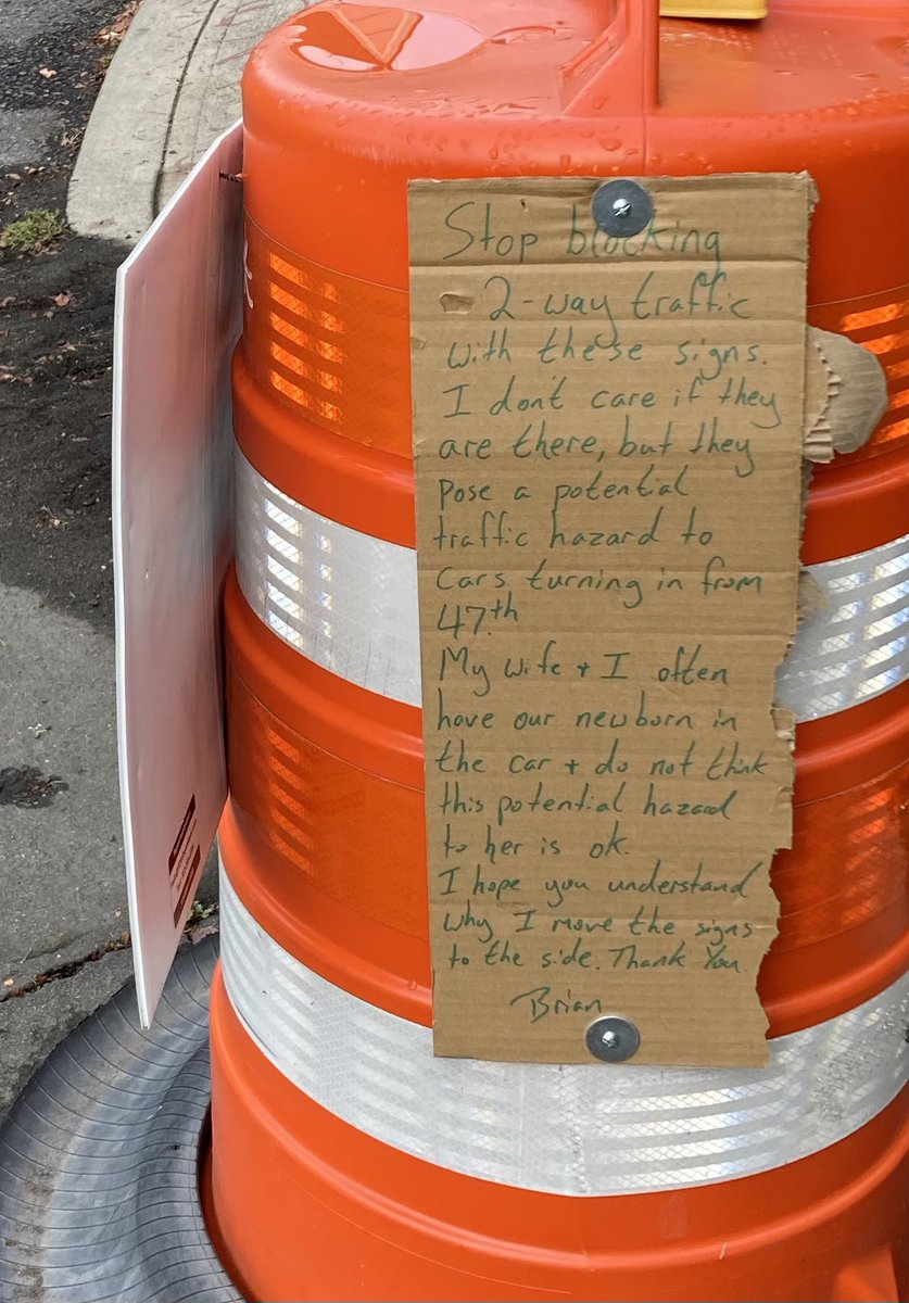 nicolai_kruger's tweet photo. @nora_lehmann @PBOTinfo Tagging on here. I have been increasingly frustrated that the ones at NE 47th and Davis are always laying in a nearby parking strip. I usually re-position them. This morning I found the barrel had a note attached. https://t.co/XcmQjM9OF1