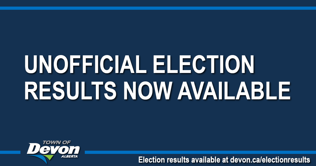 TownofDevon's tweet photo. The Unofficial 2021 Devon Election results are in!

Thank you to everyone who put their name forward to serve on Town Council for the next 4 years. Please note, these results are unofficial until Friday, Oct. 22 at 12 p.m.

See the election results at https://t.co/yGSat2ufhG https://t.co/f9RLylEvn4