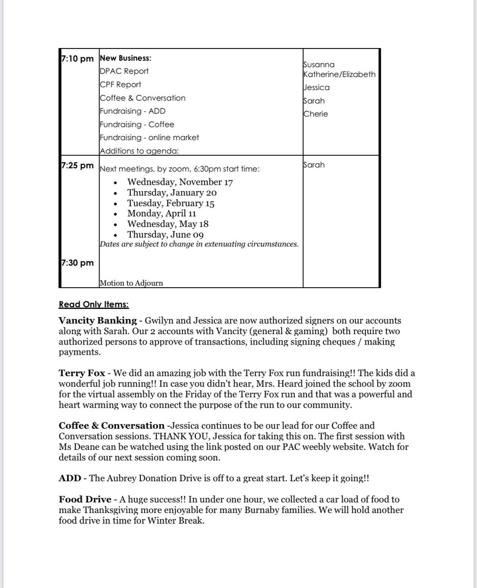 PAC_Aubrey's tweet photo. Our October PAC meeting happens tomorrow, Tuesday the 19th at 6:30pm. Link to the virtual meeting will be sent via email. 
Take a peek at the agenda notes and we will see you all tomorrow! https://t.co/dN44C5jo41