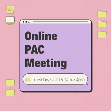 PAC_Aubrey's tweet photo. Our October PAC meeting happens tomorrow, Tuesday the 19th at 6:30pm. Link to the virtual meeting will be sent via email. 
Take a peek at the agenda notes and we will see you all tomorrow! https://t.co/dN44C5jo41
