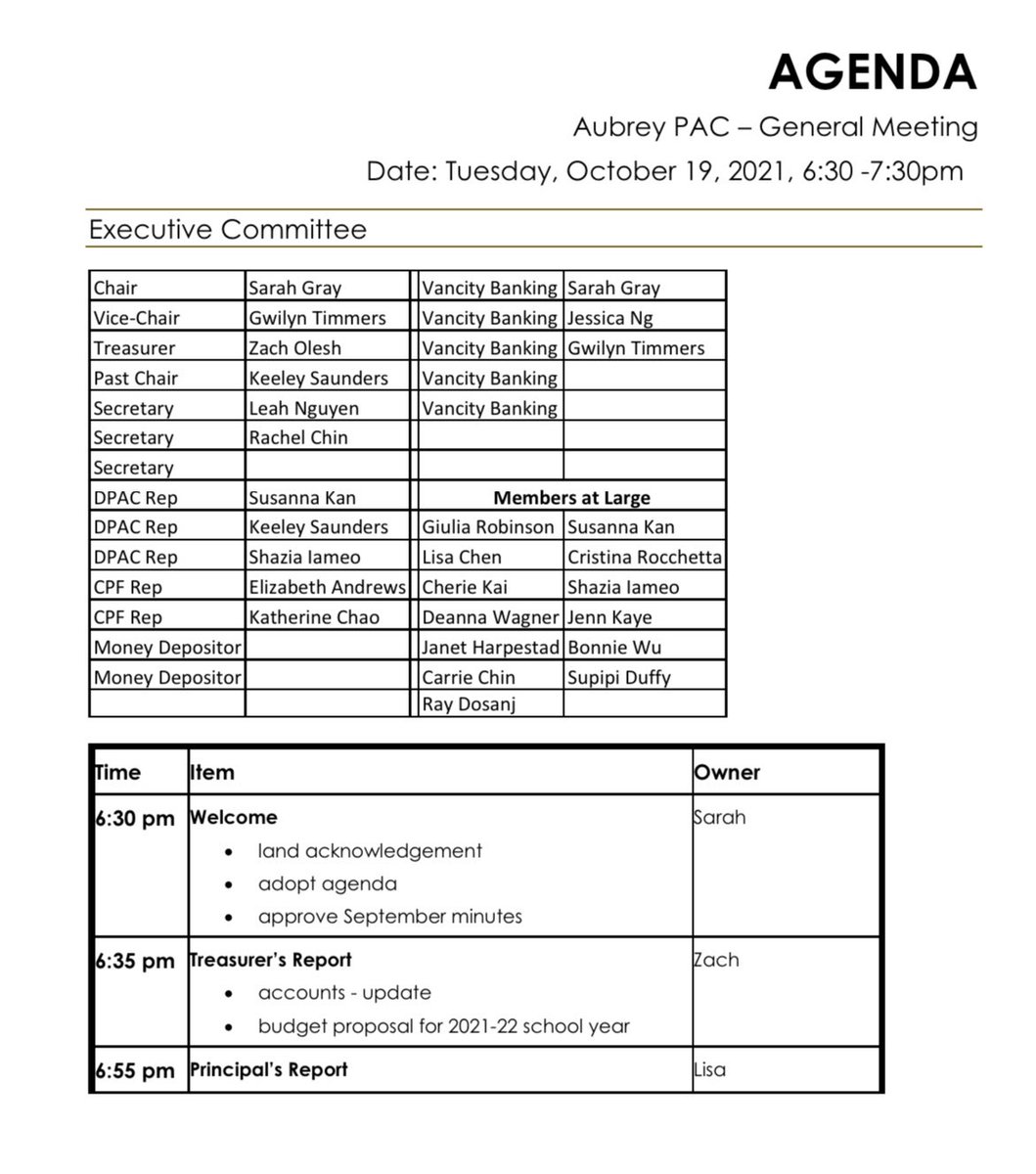 PAC_Aubrey's tweet photo. Our October PAC meeting happens tomorrow, Tuesday the 19th at 6:30pm. Link to the virtual meeting will be sent via email. 
Take a peek at the agenda notes and we will see you all tomorrow! https://t.co/dN44C5jo41