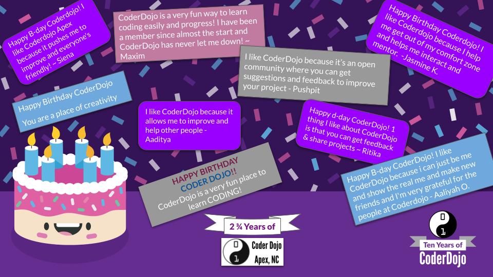 coderdojoapexnc's tweet photo. Happy 10th 🎂 @CoderDojo and great to back in person celebrating our own Happy  2 + 3/4 aka really belated 2nd 🎂🎉 https://t.co/nKMUmW5jgW